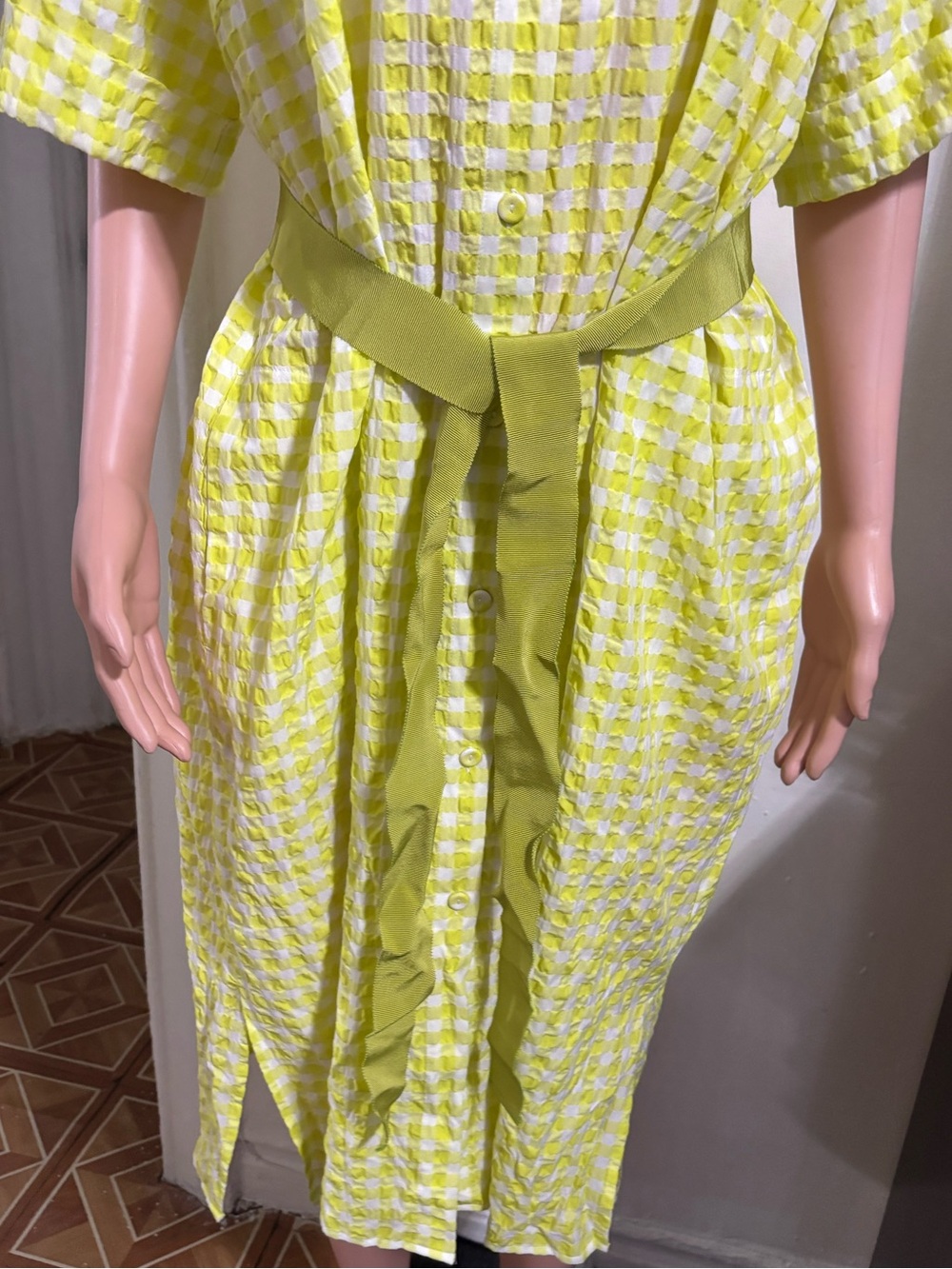 NWT PERSONA by Marina Rinaldi Women’s Yellow Gingham Midi Shirt Dress with Belt - Picture 8 of 16